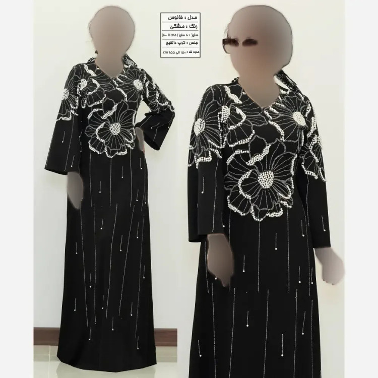 ماکسی مجلسی زنانه مدل فانوس جنس کرپ دالقیچ مشکی با خرجکار نگین و مروارید (2)