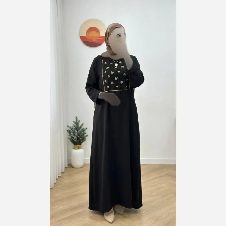 کفتان زنانه مدل پاپیونی جنس شانتون رنگ مشکی فری سایز