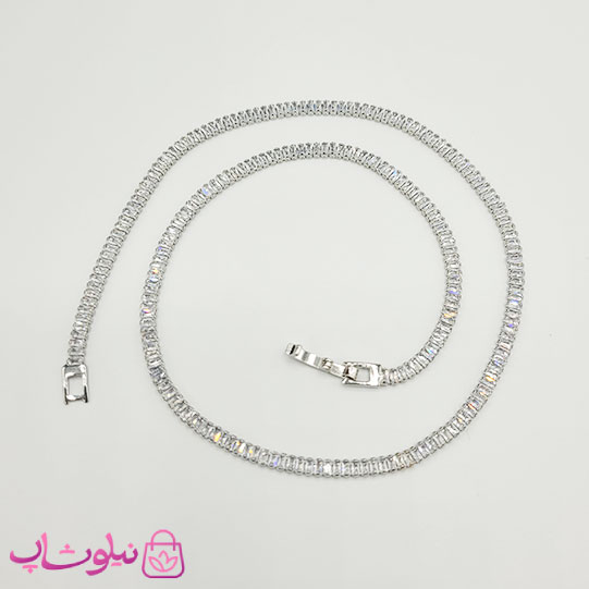 گردنبند زنانه تنیسی نقره ای با نگین باگتی سفید کد 248