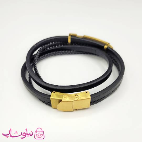 دستبند مردانه گوچی چرم استیل چندلاین مشکی طلایی کد 348